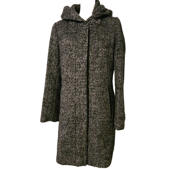 WOMENS COLE HAAN SIGNATURE WOOL BLEND COAT BLACK GREY WITH HOOD SZ 8 NEW - Picture 1 of 8